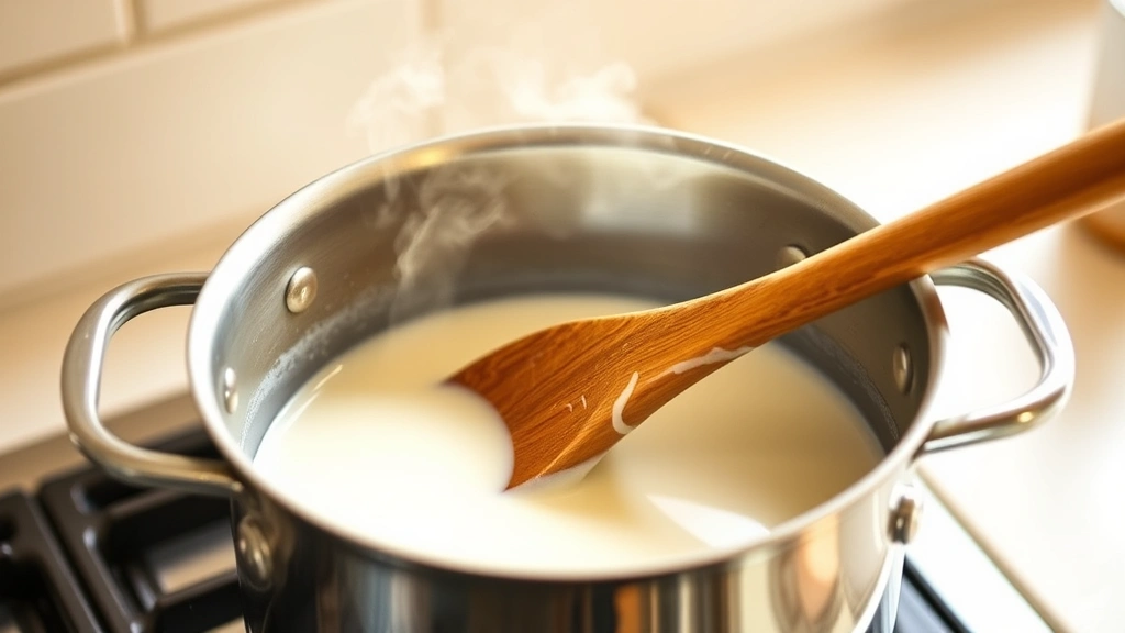 process: saucepan with simmering milk mixture on stovetop, steam rising gently, wooden spoon stirring the reducing liquid, warm kitchen lighting, progress of thickening visible, no text