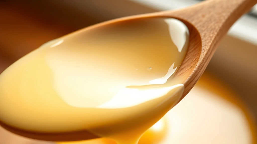detail: close-up of creamy condensed milk coating the back of a wooden spoon, golden color, smooth glossy texture, dripping slightly, natural window light, shallow depth of field, no text