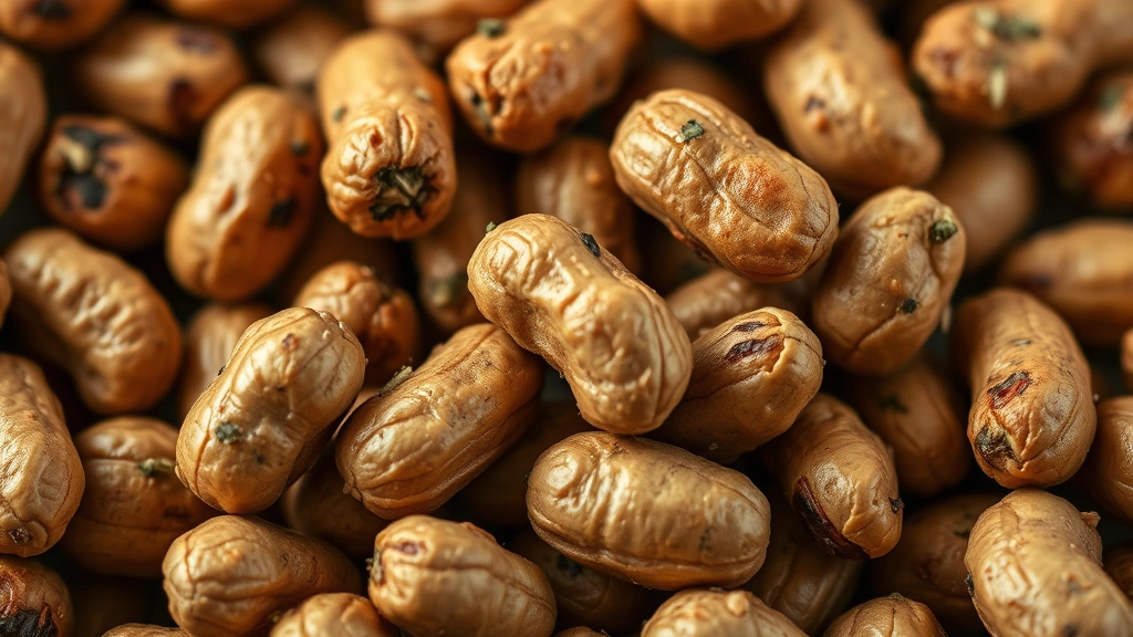 detail: close-up macro of individual roasted peanuts with golden-brown coating and herb seasoning, shallow depth of field, natural daylight, no text