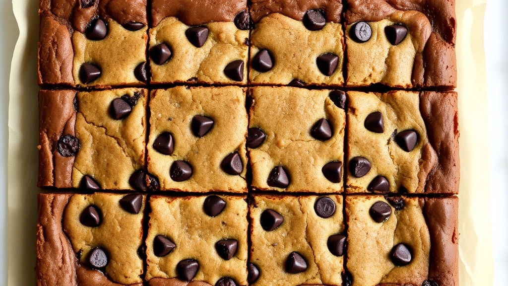 hero: A 9x9 pan of freshly baked cookie brownies, cut into 12 perfect squares, chocolate chip cookie base visible, rich fudgy brownie layer on top, natural window light, no text, slight fleur de sel sparkle visible on some pieces