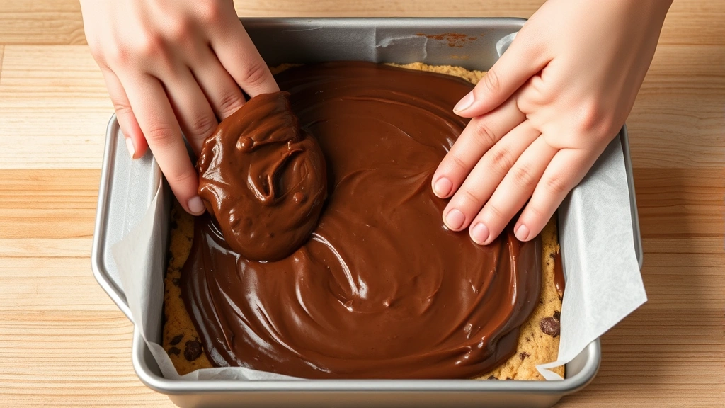 process: Hands carefully spreading brownie batter over chocolate chip cookie base in a parchment-lined baking pan, smooth even coating, chocolate chips visible, warm studio lighting, no text