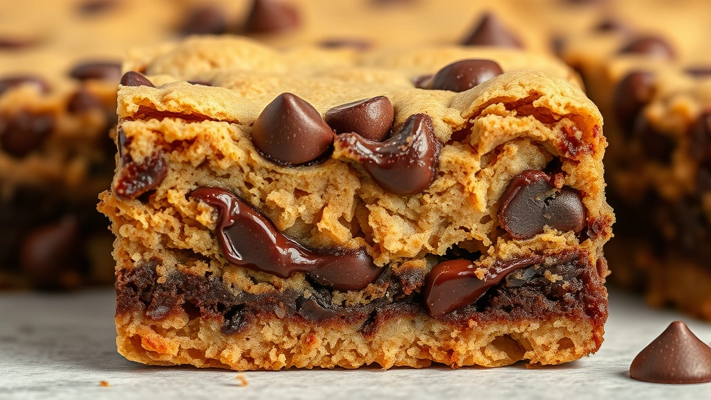 detail: Close-up macro shot of a single cookie brownie square broken in half to show the layering, crispy cookie texture on bottom, fudgy brownie layer with visible chocolate chips, melting chocolate, natural daylight, no text