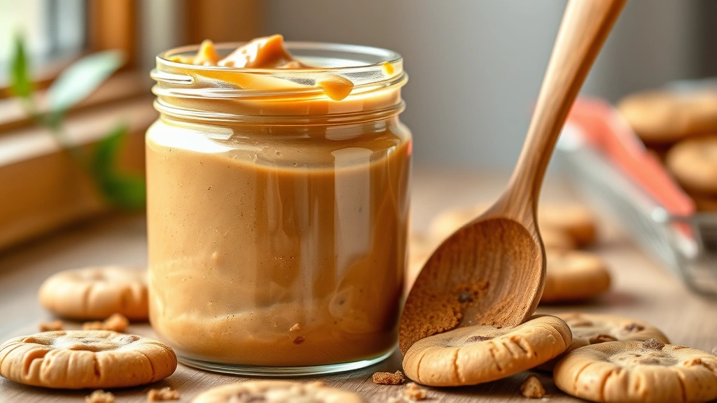 hero: creamy cookie butter spread in clear glass jar with wooden spoon, smooth and luxurious texture, warm golden-brown color, photorealistic, natural window light, no text