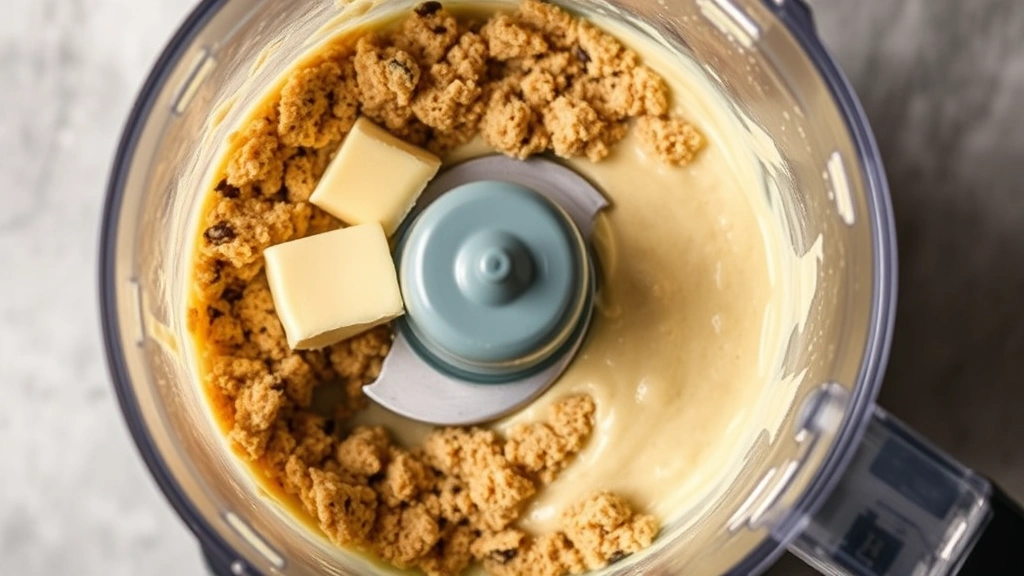 process: food processor blending cookies and butter together, mid-blend showing transformation from crumbly to creamy, photorealistic, overhead view, natural light, no text