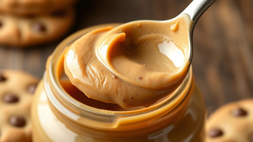 detail: close-up spoonful of silky cookie butter being lifted from jar, showing perfect spreadable consistency and rich color, photorealistic, natural light, no text