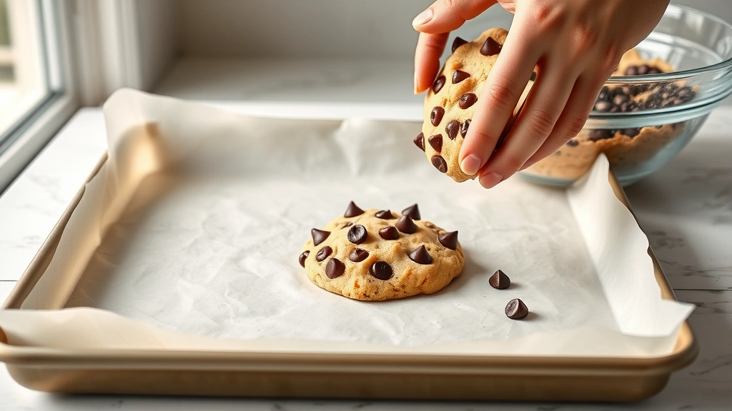 process: hands dropping chocolate chip cookie dough onto parchment-lined baking sheet, mixing bowl with dough and chocolate visible, natural daylight from window, no text
