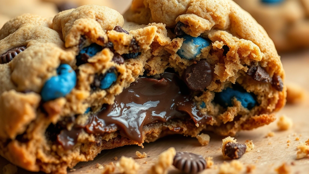 detail: close-up cross-section of warm Cookie Monster cookie showing melted chocolate and chewy center, crumbs scattered around, shallow depth of field, natural light, no text