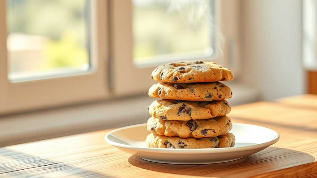 hero: stack of warm eggless chocolate chip cookies on white plate, steam rising, natural morning sunlight from window, wooden table, soft focus background, photorealistic, no text