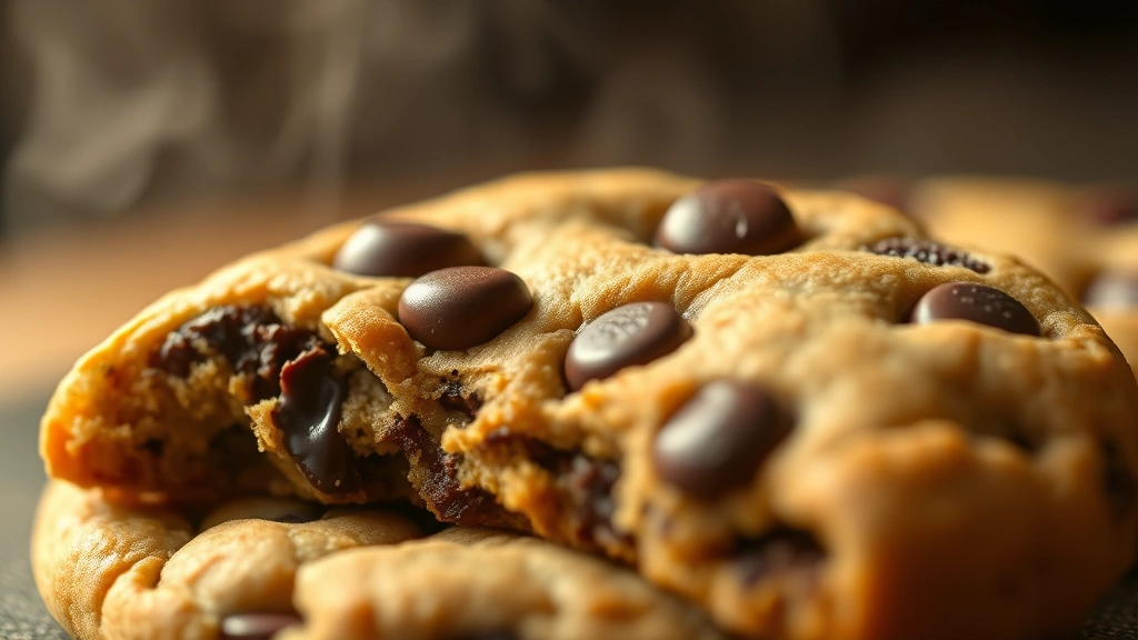 detail: close-up of single warm cookie showing melted chocolate chips and chewy texture, steam visible, shallow depth of field, warm golden lighting, photorealistic, no text