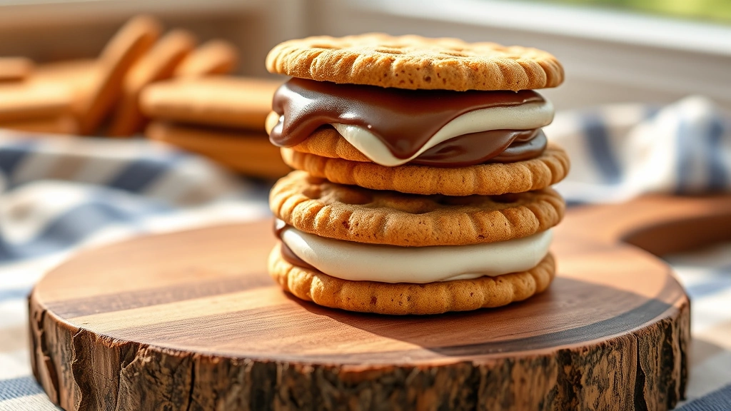 hero: cookie s'mores sandwich cookies stacked on a wooden board, showing gooey chocolate and marshmallow between buttery graham cookies, photorealistic, natural window light, no text, outdoor picnic setting
