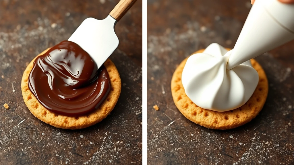 process: spreading chocolate ganache onto a graham cracker cookie with an offset spatula, piping marshmallow onto another cookie, photorealistic, bright kitchen lighting, no text