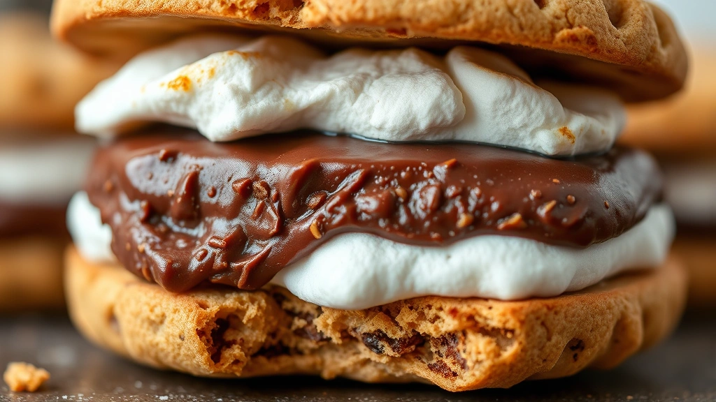 detail: close-up cross-section of a s'mores cookie sandwich showing layers of chocolate ganache, fluffy marshmallow, and crispy cookie, photorealistic, macro photography, natural light, no text