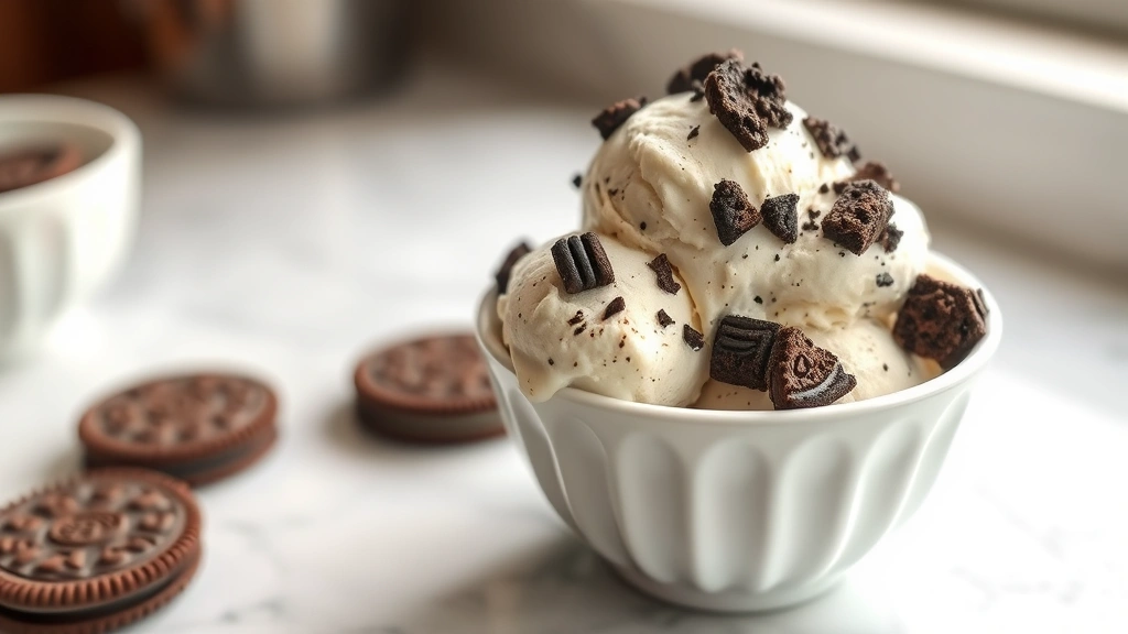 hero: A generous scoop of creamy cookies and cream ice cream in a white ceramic bowl, topped with crushed Oreo pieces, sitting on a marble countertop with fresh cookies beside it, natural window light, shallow depth of field, no text