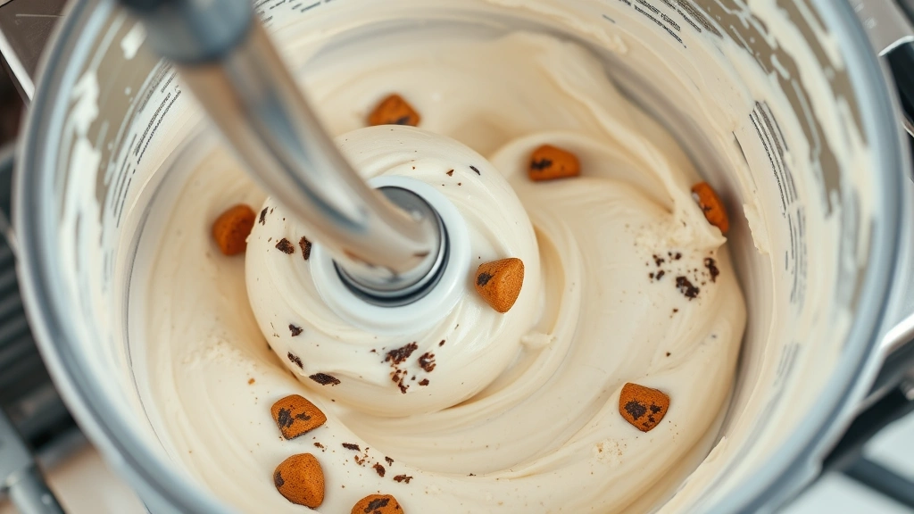 process: Close-up of ice cream churning in an ice cream maker machine, showing the creamy mixture with cookie pieces being incorporated, stainless steel machine visible, bright natural light, no text