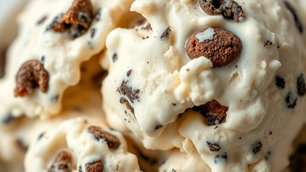 detail: Extreme close-up macro shot of homemade cookies and cream ice cream showing the creamy texture with visible cookie pieces throughout, shallow depth of field, natural lighting, no text