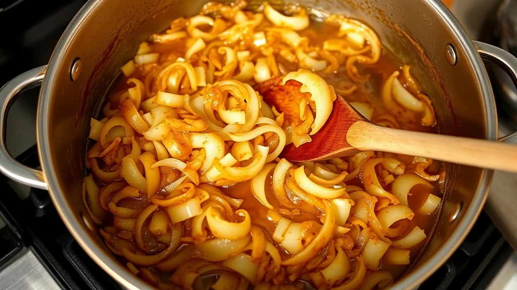 process: caramelized onions in large pot, deep amber-brown color, wooden spoon stirring, stove top view, natural kitchen light, showing the golden caramelization process