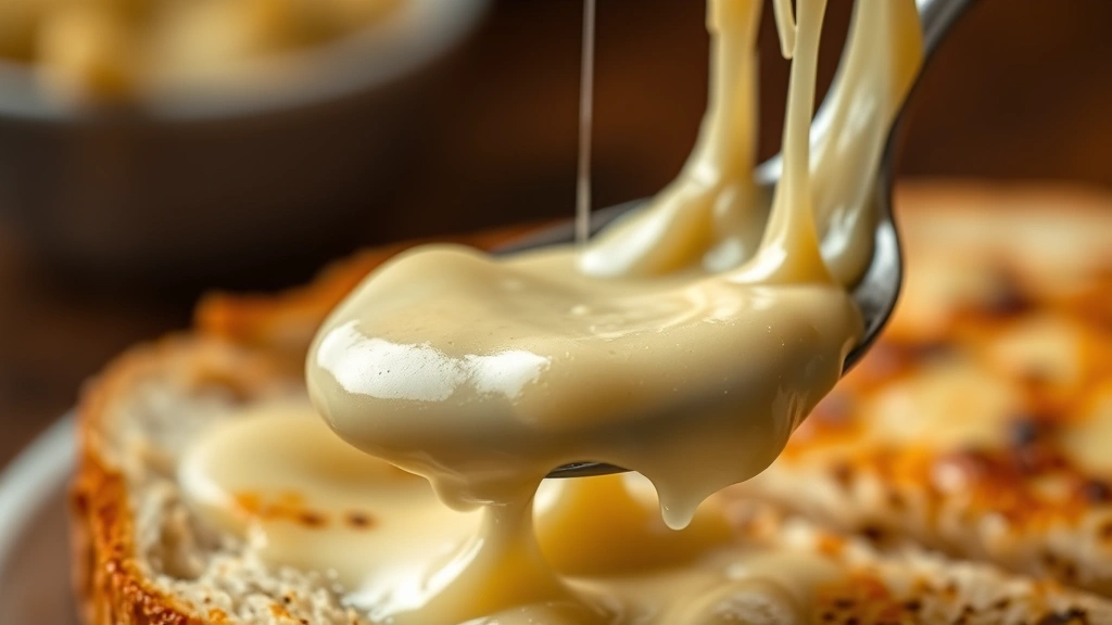 detail: close-up of melted cheese pulling from spoon in creamy strings, golden-brown broiled cheese crust, crusty bread visible underneath, shallow depth of field, warm lighting
