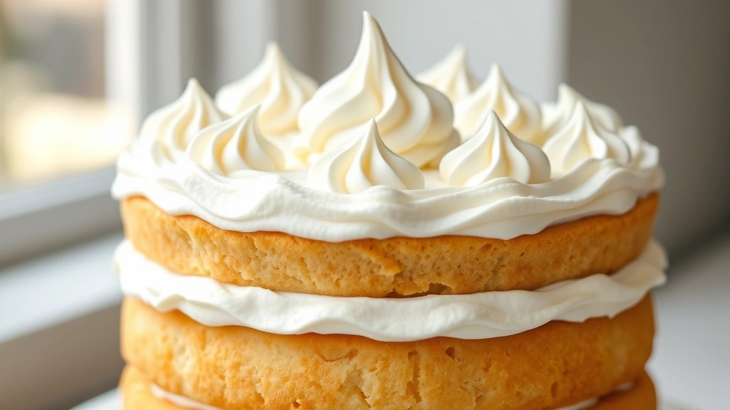 hero: fluffy white Cool Whip frosting piped onto a three-layer vanilla cake with decorative swirls and peaks, photorealistic, natural window light, no text, professional bakery style