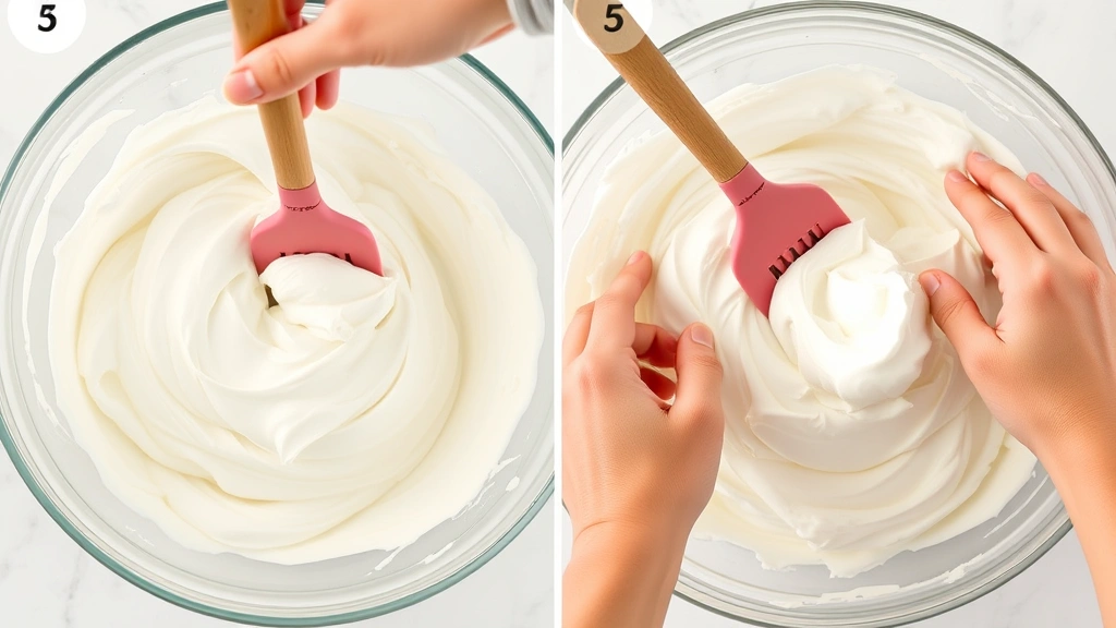process: hands folding Cool Whip and whipped cream together in a large mixing bowl with a rubber spatula, photorealistic, natural kitchen light, no text, showing the folding technique