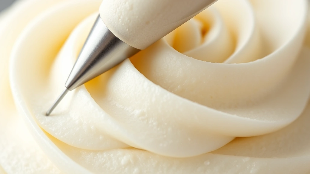 detail: close-up of frosting texture showing the light, airy, fluffy consistency with a piping tip creating decorative swirls, photorealistic, natural light, no text, macro photography
