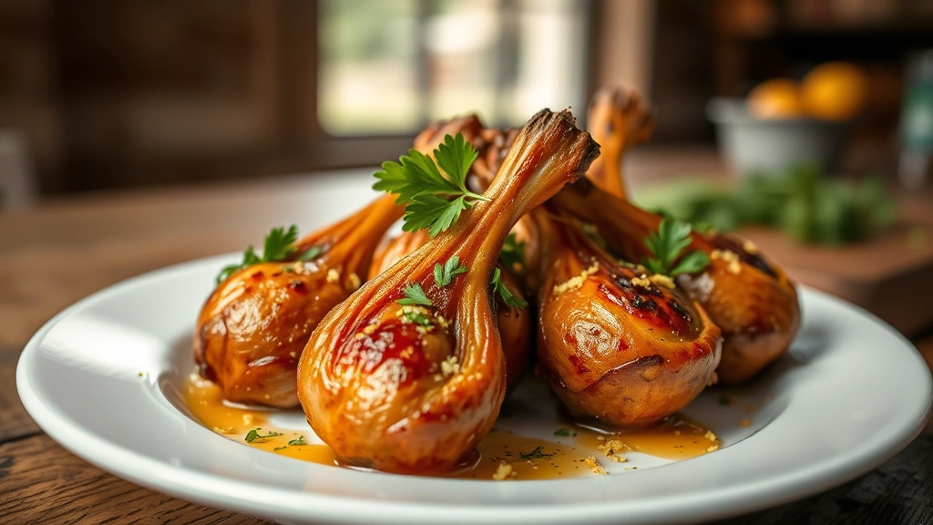 hero: golden-brown caramelized copper bulbs on white plate, garnished with fresh parsley and lemon zest, shallow depth of field, warm natural window light, rustic wooden table