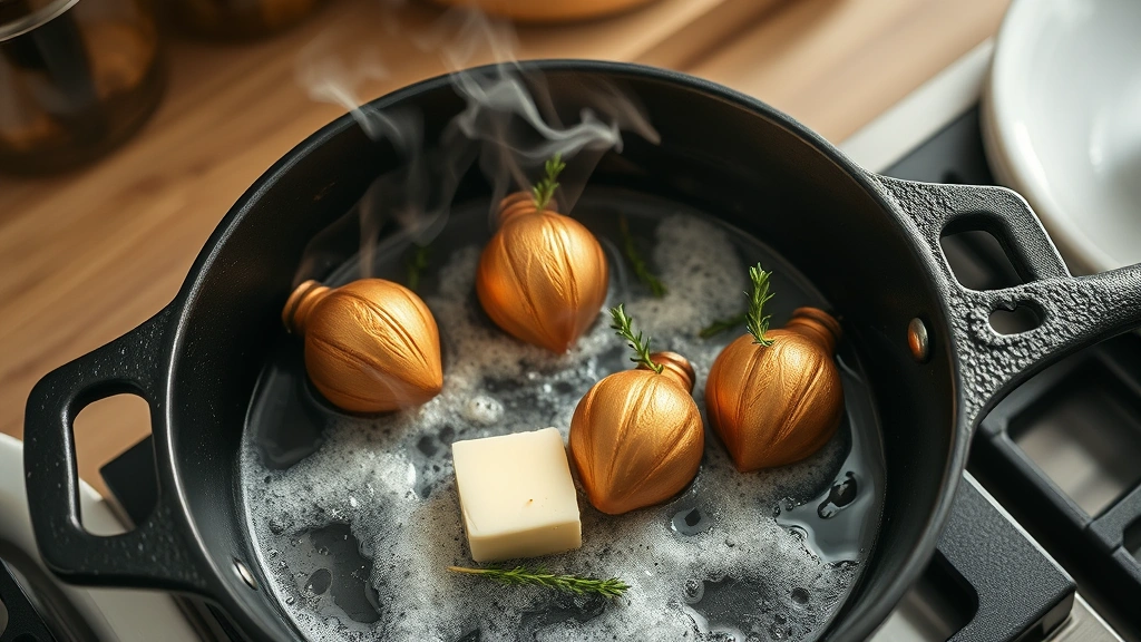 process: copper bulbs searing cut-side down in cast iron skillet with foaming butter and fresh thyme sprigs, steam rising, overhead shot, bright kitchen light
