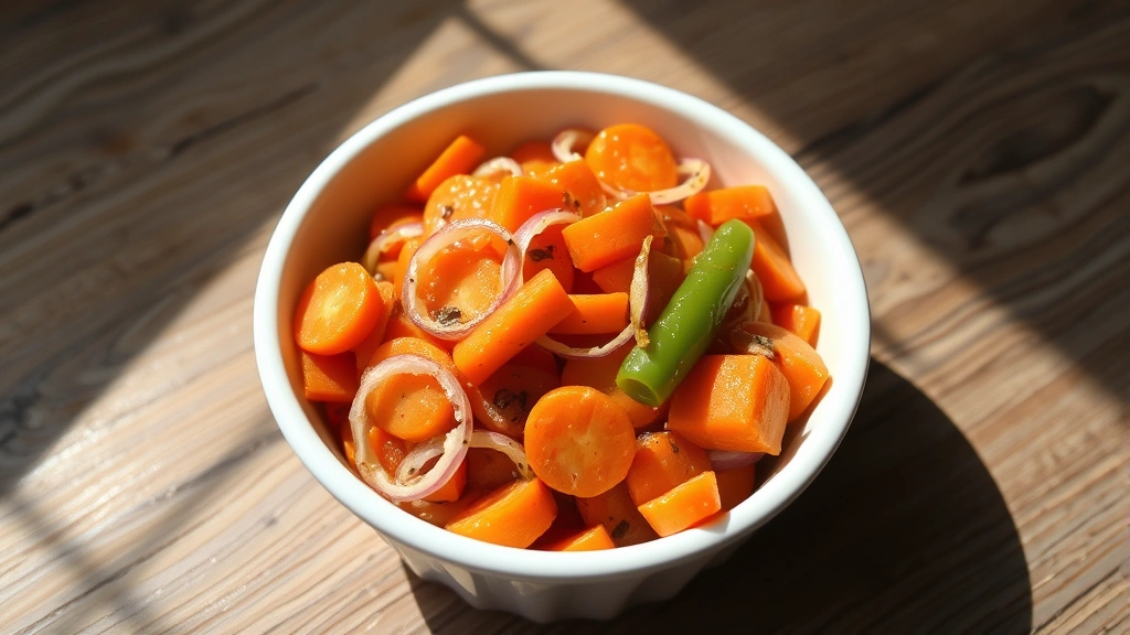 hero: Copper Pennies carrot salad in a white serving bowl, vibrant orange carrot slices with onion rings and green bell pepper, glossy vinaigrette coating, natural daylight streaming across, rustic wooden table background, no text or watermarks