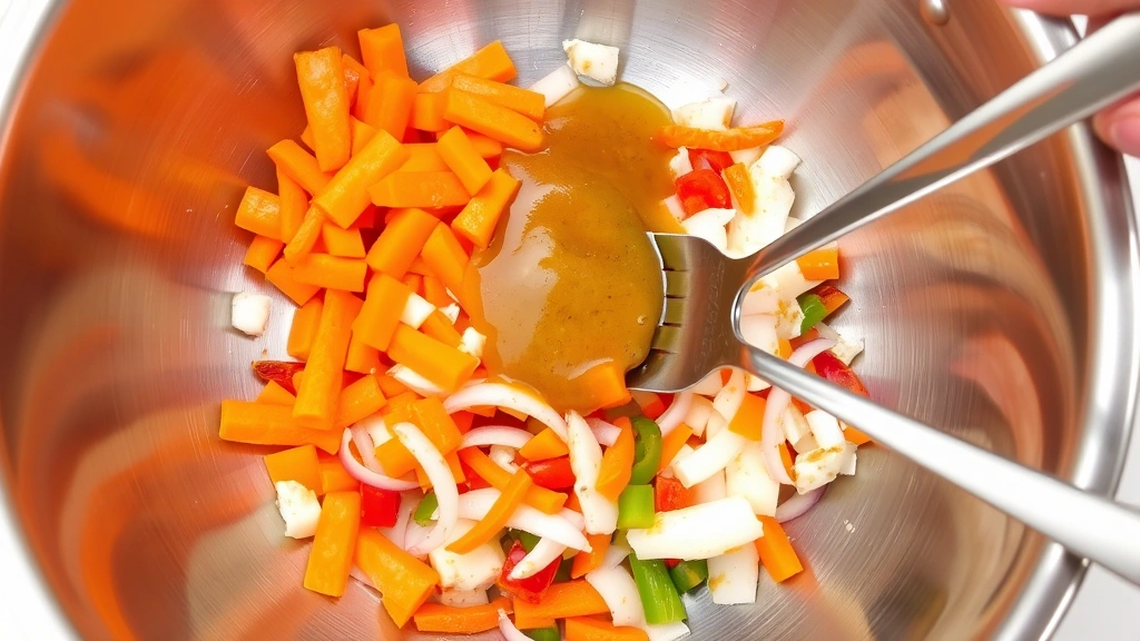 process: Sliced carrots being added to a large bowl with onions and peppers, warm dressing being poured over vegetables, fork stirring gently, stainless steel mixing bowl, bright natural kitchen lighting, no text or watermarks