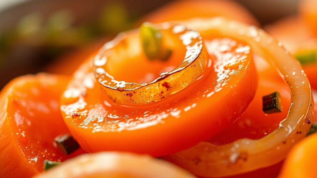 detail: Close-up macro shot of individual carrot slice with onion ring and pepper piece, glossy marinade glistening, shallow depth of field, warm golden natural light, vibrant orange and translucent onion colors, no text or watermarks