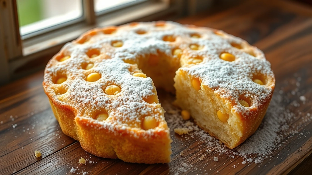 hero: golden-brown corn cake with fresh corn kernels visible, fluffy tender crumb, dusted with powdered sugar, natural window light, rustic wooden table, photorealistic, no text