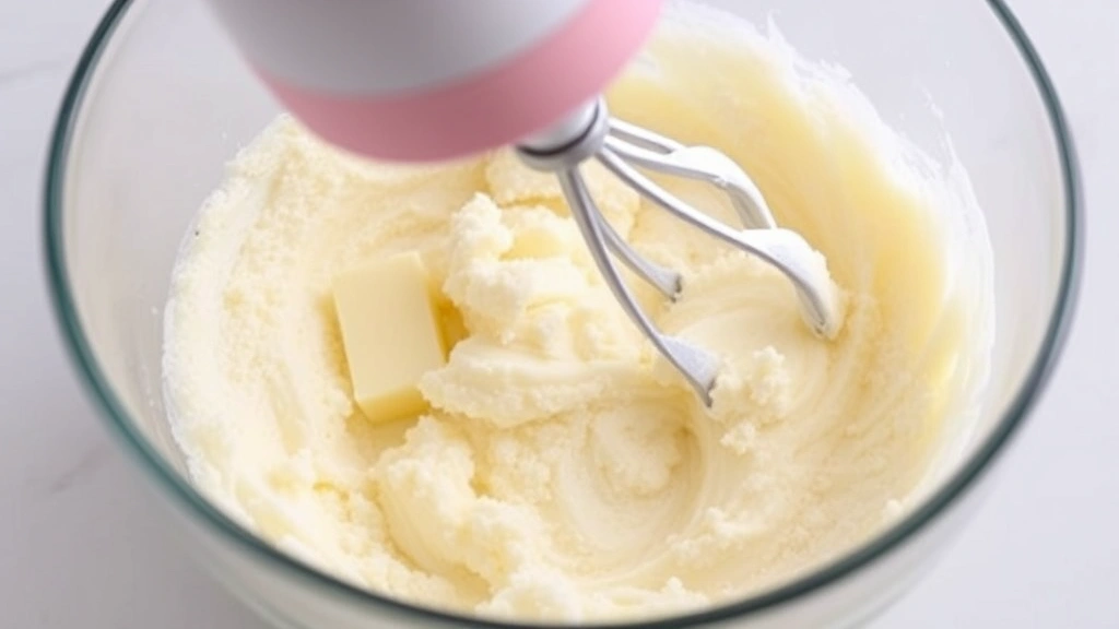 process: creaming butter and sugar in glass bowl with electric mixer, pale fluffy mixture, bright kitchen lighting, photorealistic, no text