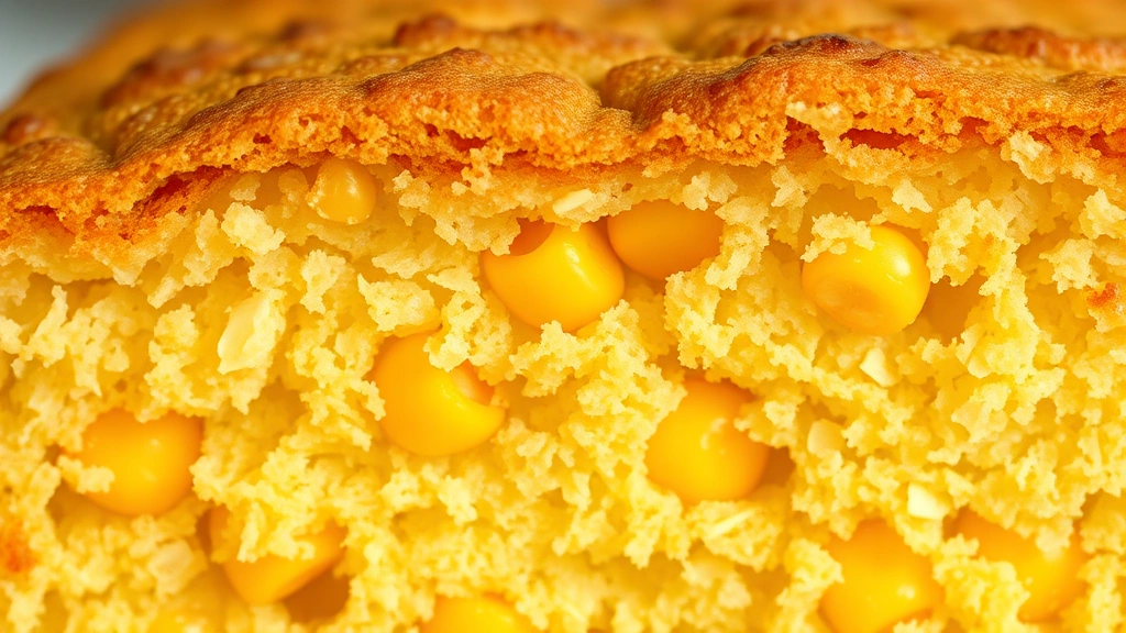 detail: close-up cross-section of corn cake showing tender crumb structure and corn kernels, golden interior, natural light, photorealistic, no text