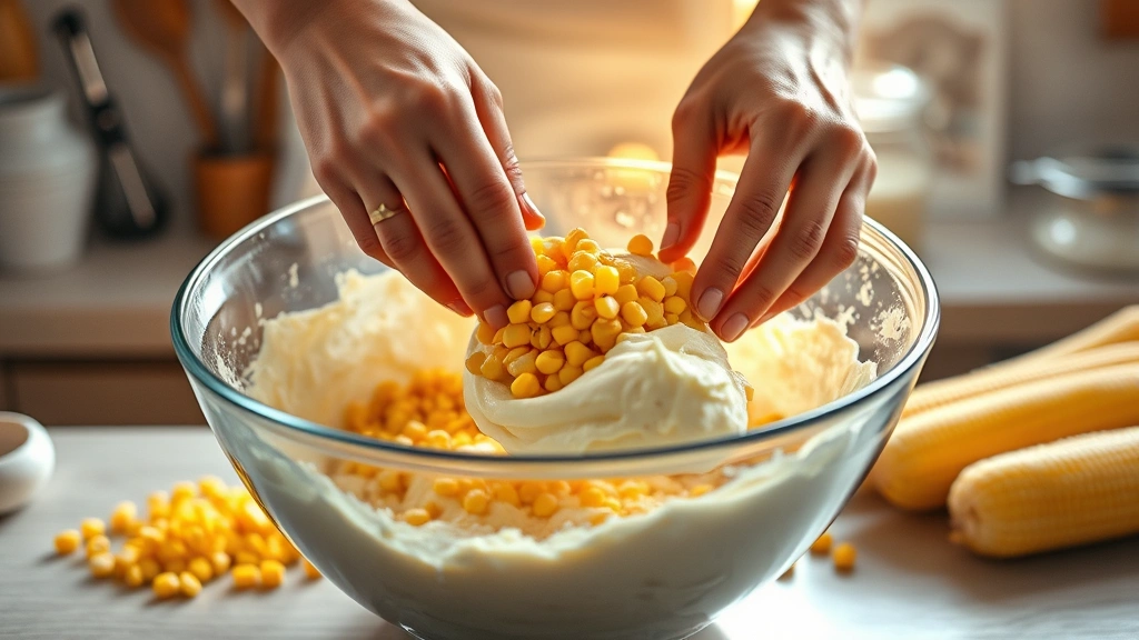 process: hands stirring corn mixture into cream cheese base in large mixing bowl, fresh corn kernels visible, golden light streaming through kitchen window, photorealistic, no text