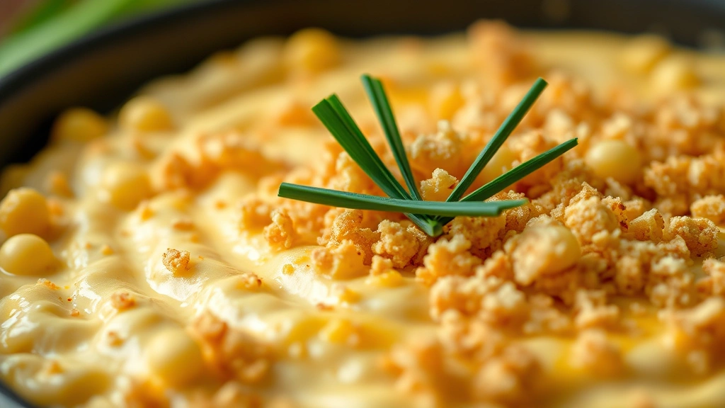 detail: close-up macro shot of golden panko breadcrumb topping on corn dip with melted cheese underneath, creamy texture visible, garnished with single chive blade, shallow depth of field, photorealistic, no text