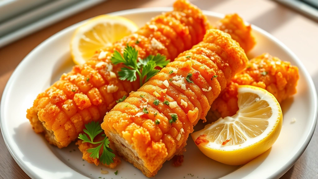 hero: golden crispy corn ribs on a white ceramic plate with fresh parsley and parmesan cheese, garnished with lemon wedges, photorealistic, bright natural window lighting, top-down angle, no text