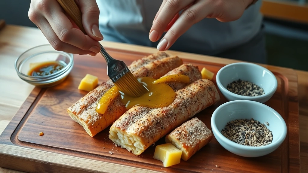 process: hands brushing seasoned oil onto cut corn ribs on a wooden cutting board with seasoning bowl nearby, photorealistic, warm natural light, no text