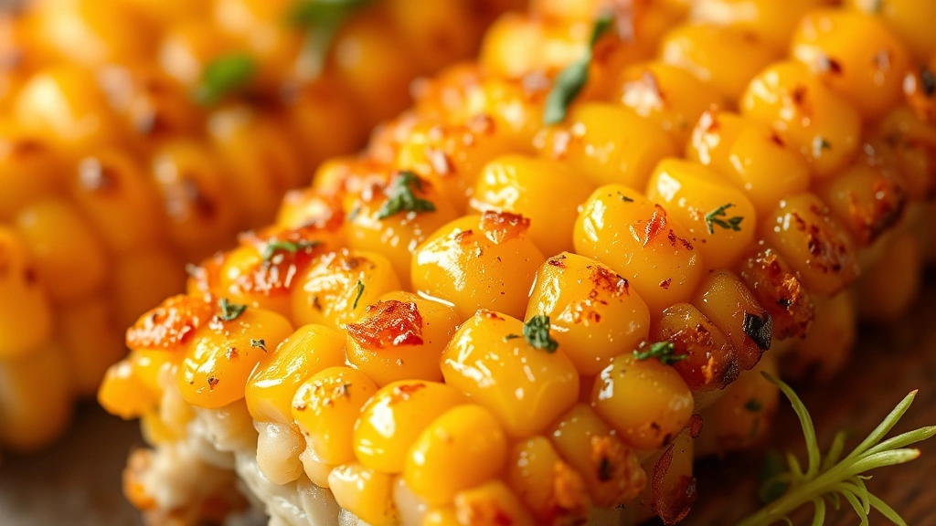 detail: close-up of crispy golden corn rib showing texture and caramelized edges with fresh herbs, photorealistic, bright natural light, shallow depth of field, no text
