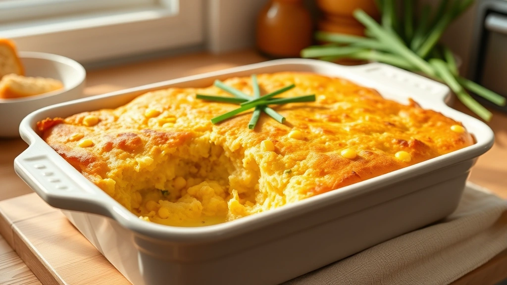 hero: golden cornbread casserole in white baking dish, creamy corn filling visible, fresh chives garnish, warm natural sunlight, cozy kitchen setting, no text