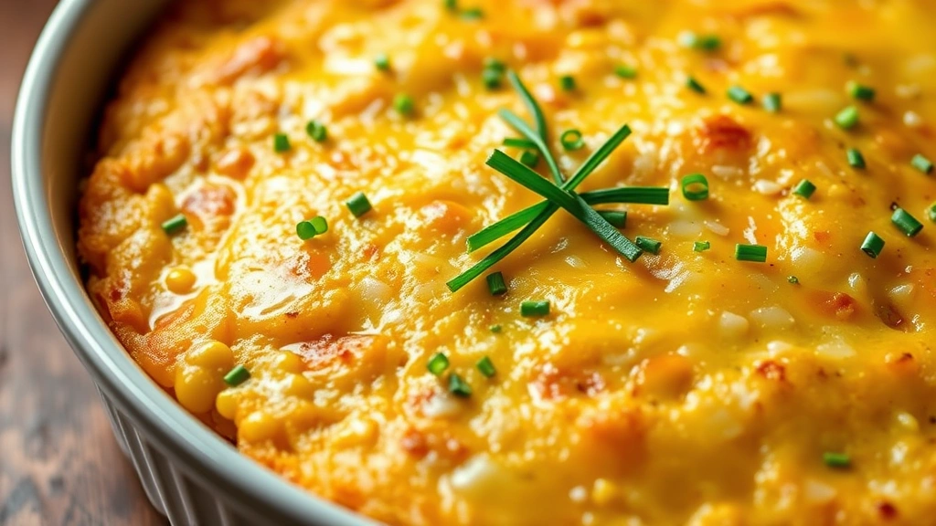 hero: golden cornbread pudding in white baking dish, melted cheddar and parmesan cheese on top, fresh chives garnish, warm lighting, side view, professional food photography