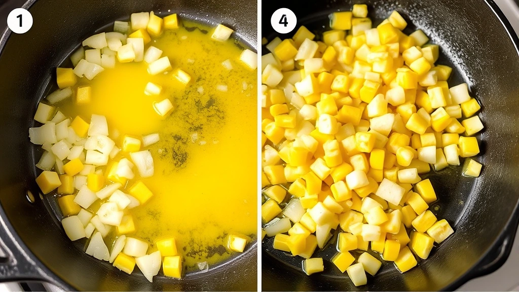 process: sautéing onions and corn kernels in butter in cast iron skillet, golden butter, fresh vegetables, steam rising, warm natural light