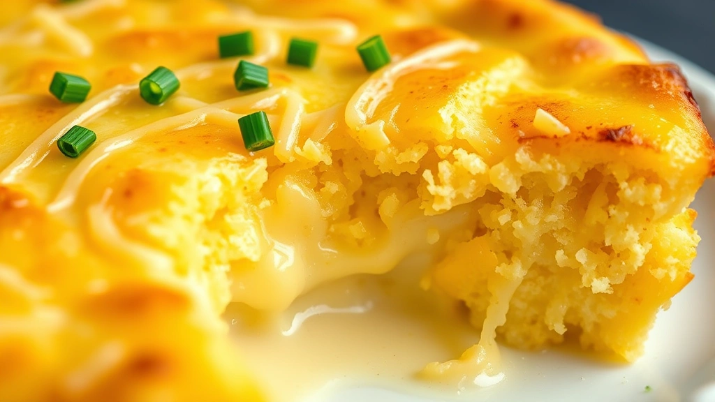 detail: close-up cross-section of cornbread pudding showing creamy custard center, tender cornbread pieces, melted cheese, garnish of fresh chives on top