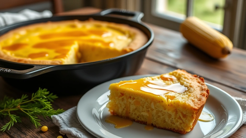 hero: golden creamed corn cornbread in cast iron skillet, warm honey glaze, fresh corn kernels visible, rustic farmhouse table, natural window light, slice ready to serve, photorealistic, no text