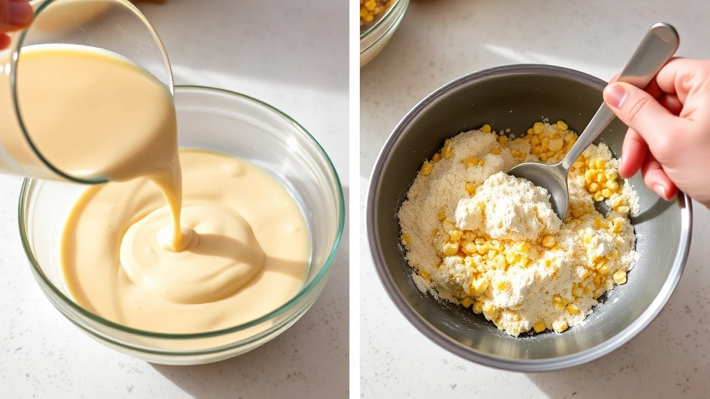 process: pouring creamed corn batter into greased skillet, cornmeal flour mixture in bowl, hand with spoon folding ingredients, bright kitchen counter, natural daylight, photorealistic, no text