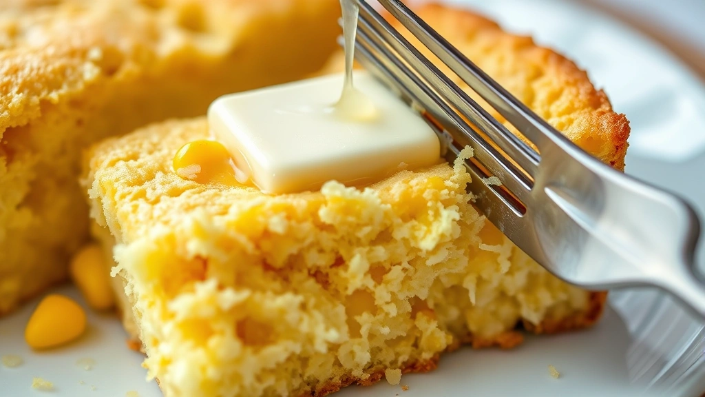 detail: close-up of cornbread slice showing creamed corn pockets and texture, butter melting on warm surface, corn kernels visible, fork breaking into slice, shallow depth of field, photorealistic, no text