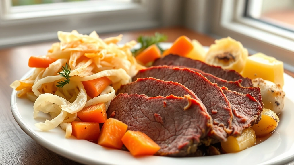hero: sliced corned beef brisket with tender cabbage, carrots, and potatoes on a white plate, steaming hot, photorealistic, natural window light, no text