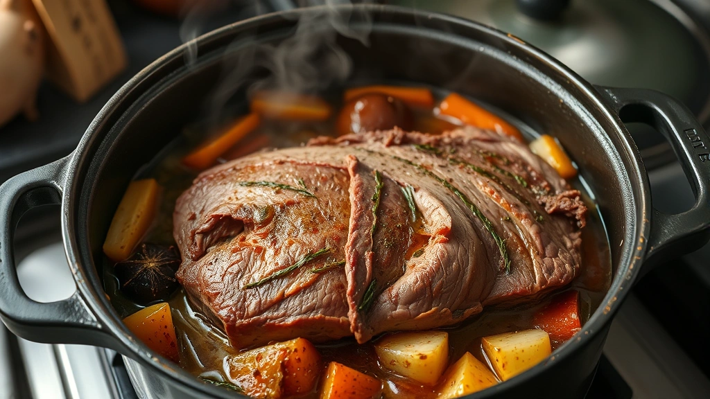 process: corned beef brisket simmering in Dutch oven with vegetables and aromatic spices, steam rising, photorealistic, natural kitchen light, no text
