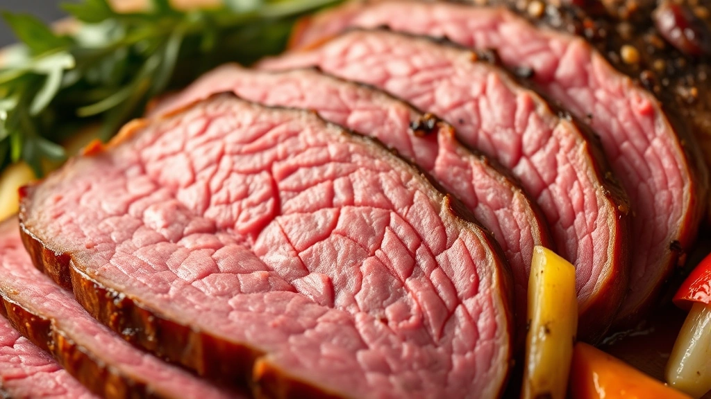 detail: close-up of perfectly sliced corned beef showing grain structure and tender texture with vegetables, photorealistic, natural light, no text