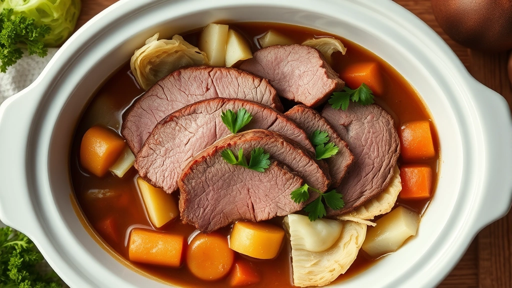 hero: overhead view of finished corned beef and cabbage in white ceramic crock pot or serving bowl, tender sliced corned beef surrounded by vibrant green cabbage wedges, golden carrots, and red potatoes in rich brown broth, natural window light, garnished with fresh parsley, cozy kitchen setting, photorealistic, no text