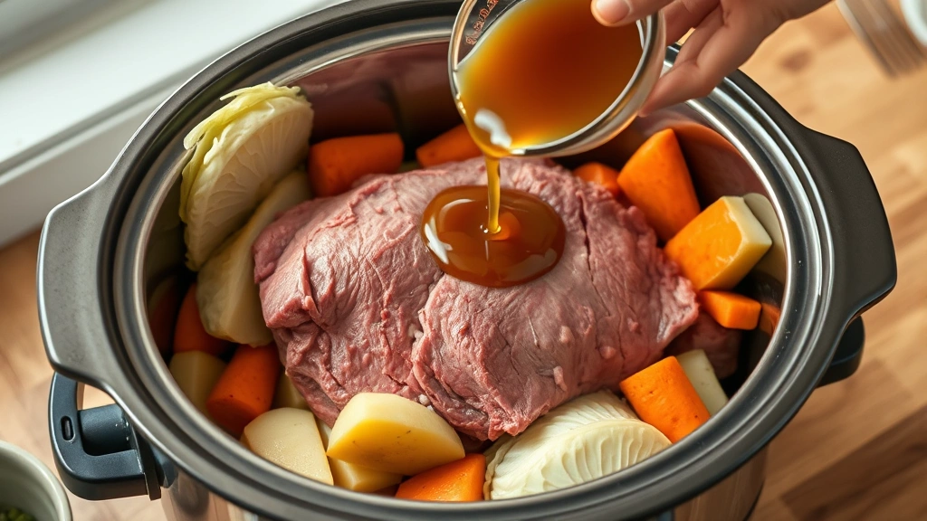 process: hands layering vegetables into stainless steel crock pot, raw corned beef brisket being arranged with potatoes carrots and cabbage wedges, pouring beef broth over ingredients, natural kitchen lighting, photorealistic, no text