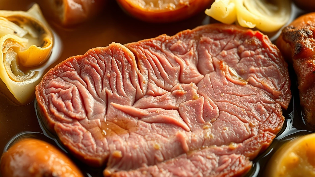 detail: close-up macro shot of sliced corned beef showing tender grain texture, glistening with rich broth, surrounded by perfectly cooked cabbage and root vegetables, steam rising, natural soft lighting, photorealistic, no text